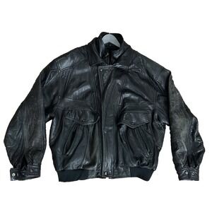 Vintage 90s Black Leather Limited Aviator Bomber Jacket Motorcycle Men XL Rocker